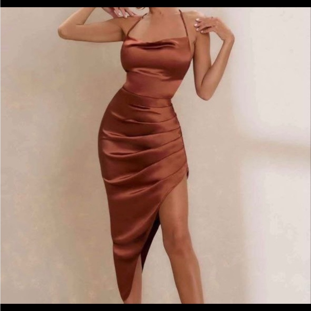 Chic Asymmetrical Satin Dress in Rich Brown